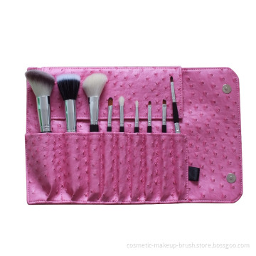 Pink Ostrich grain bag with natural hair cosmetic brush set